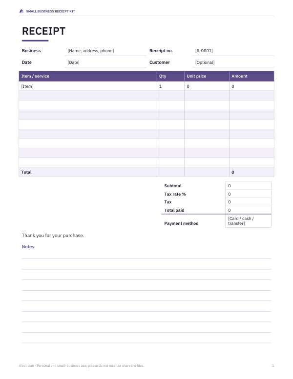 Preview of Printable Sales Receipt Sheet